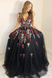 Shop A-Line V-Neck Black Tulle Long Prom Dress with Appliques MP805