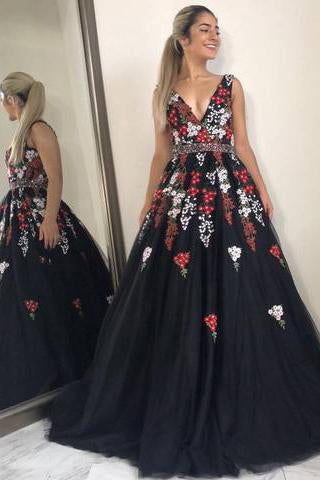 shop a line v neck black tulle long prom dress with appliques