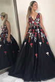 shop a line v neck black tulle long prom dress with appliques