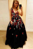 shop a line v neck black tulle long prom dress with appliques