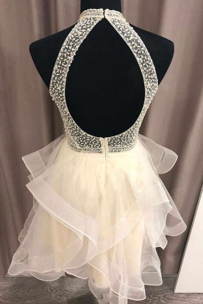 a line halter tulle beads short prom dress open back cute homecoming dress
