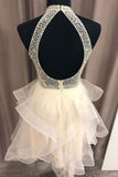 a line halter tulle beads short prom dress open back cute homecoming dress