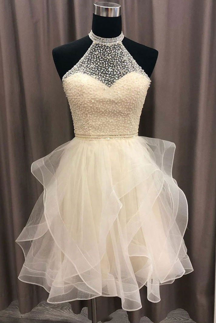 a line halter tulle beads short prom dress open back cute homecoming dress