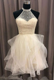 a line halter tulle beads short prom dress open back cute homecoming dress