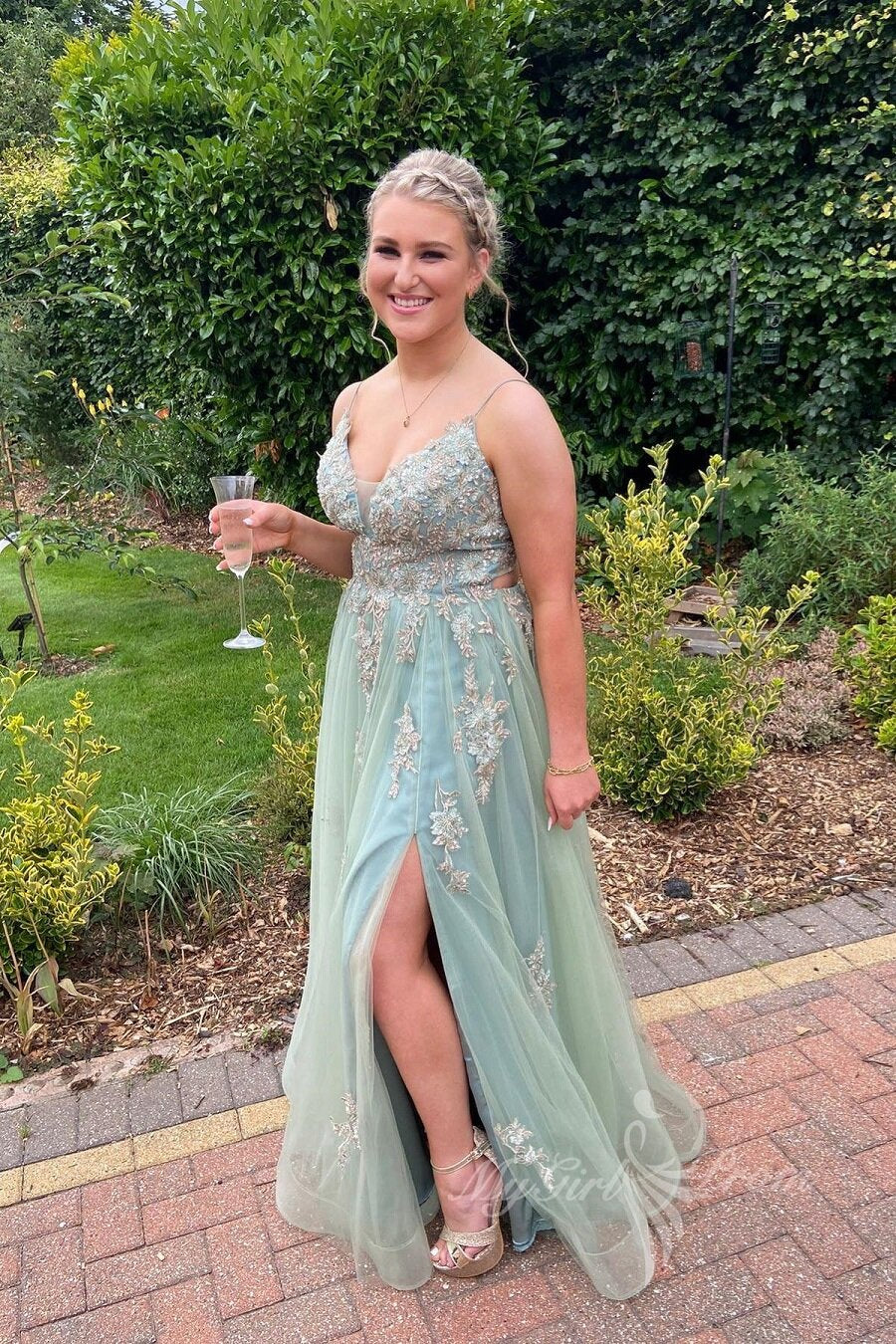 a line sleeveless appliques green long prom dress slit graduation gown