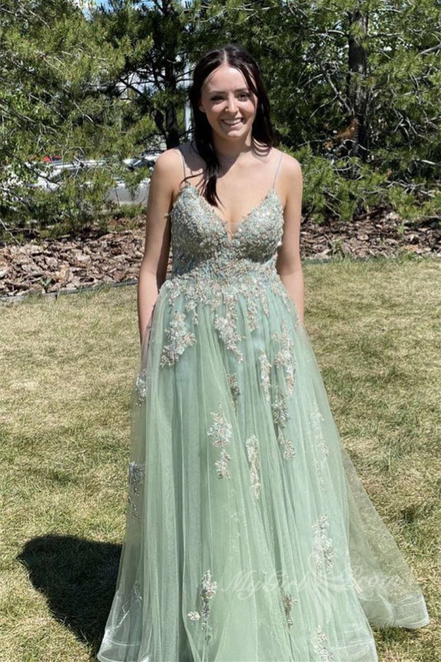 a line sleeveless appliques green long prom dress slit graduation gown