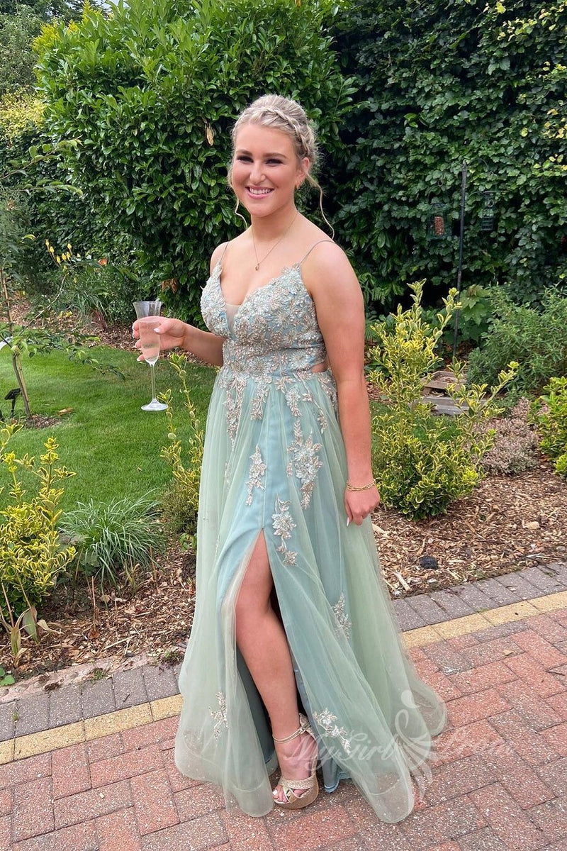 a line sleeveless appliques green long prom dress slit graduation gown