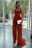 sweetheart tiered tulle long prom dress with lace long slit evening gown