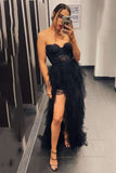 sweetheart tiered tulle long prom dress with lace long slit evening gown