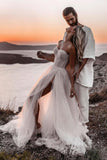A-line Sweetheart Tulle Bohemian Wedding Dresses, Beach Slit Wedding Dress PW487