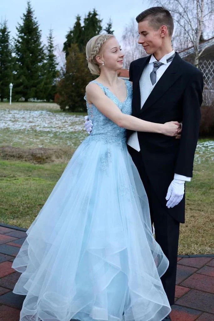 a line tulle sky blue prom dresses open back v neck graduation dress
