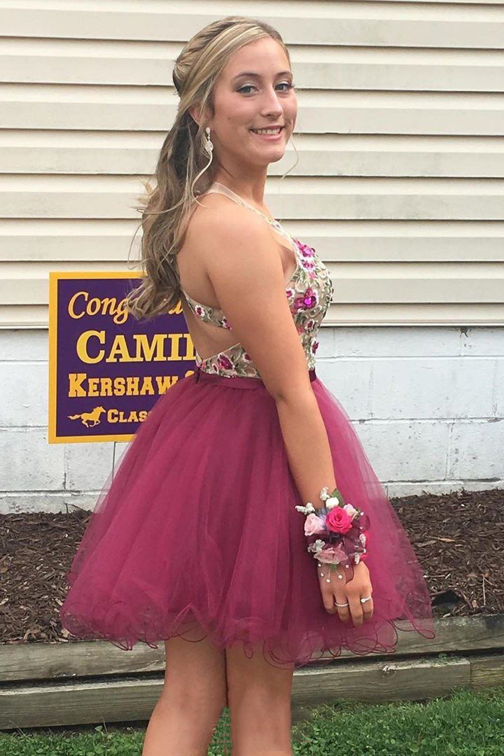 a line v neck embroidered bodice short prom party dresses