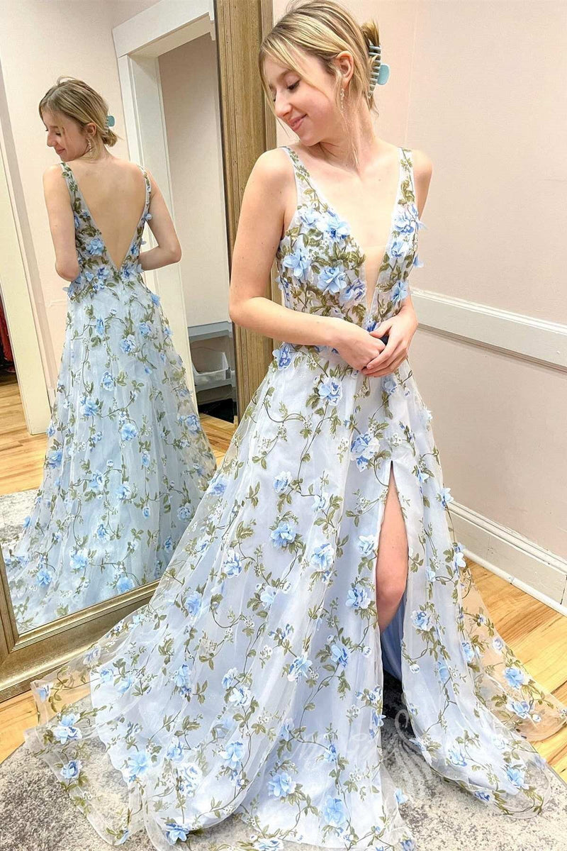 a line v neck light blue 3d floral lace long prom dress with slit