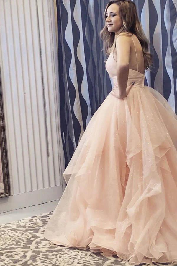 a line v neck long backless prom dresses tulle sweet 16 dress with ruffles