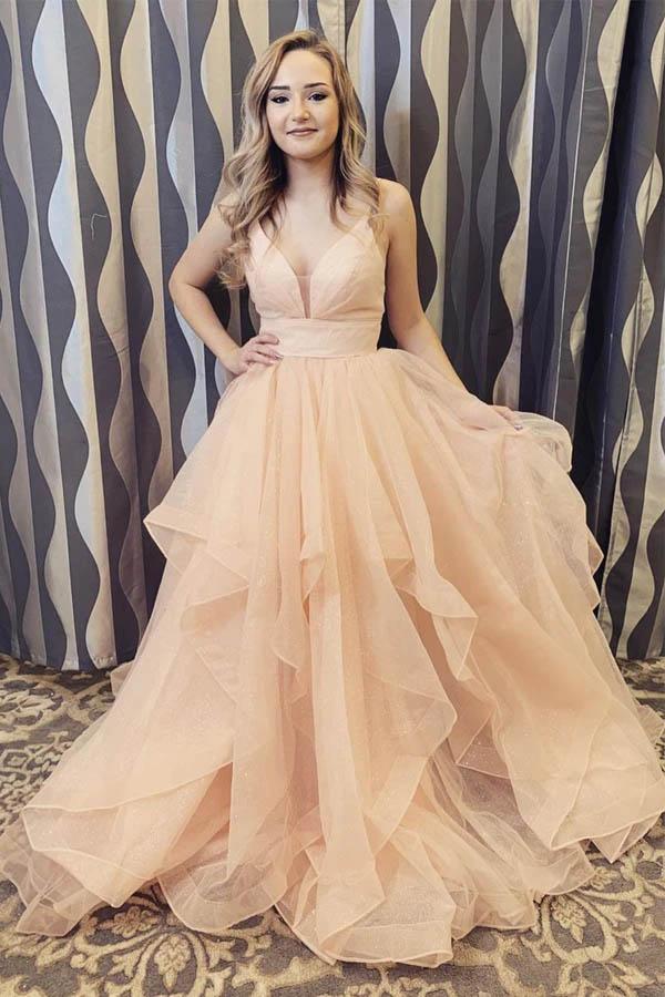 a line v neck long backless prom dresses tulle sweet 16 dress with ruffles