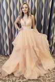 A-line V-neck Long Backless Prom Dresses, Tulle Sweet 16 Dress With Ruffles GP132