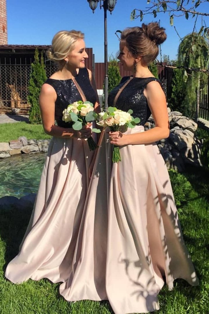 a line bateau black sequins satin long bridesmaid dresses
