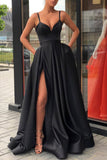 simple black prom dress a line long formal dress with pockets