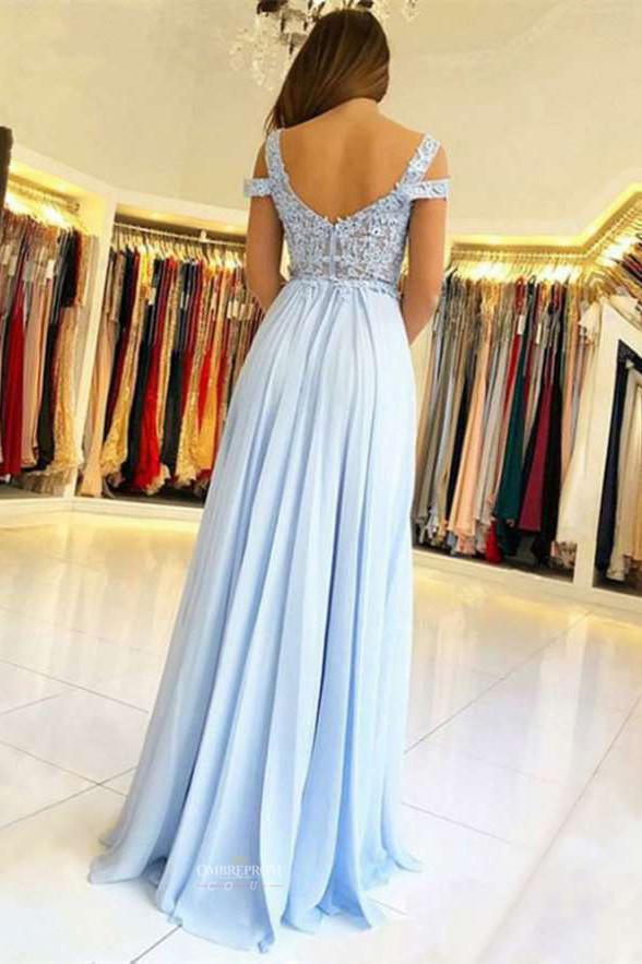 chiffon blue prom dress a line princess scalloped neck with split