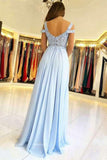 chiffon blue prom dress a line princess scalloped neck with split