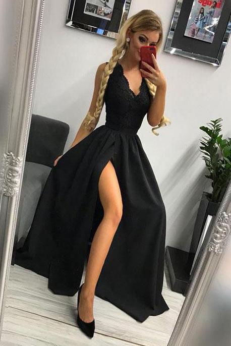 a line princess v neck floor length black prom dress with slit