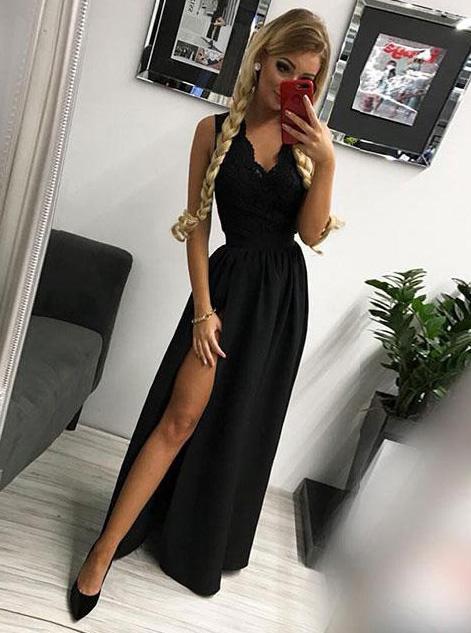 a line princess v neck floor length black prom dress with slit