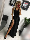 a line princess v neck floor length black prom dress with slit