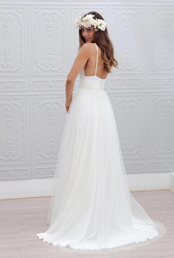 simple spaghetti straps backless wedding dress tulle beach bridal gown