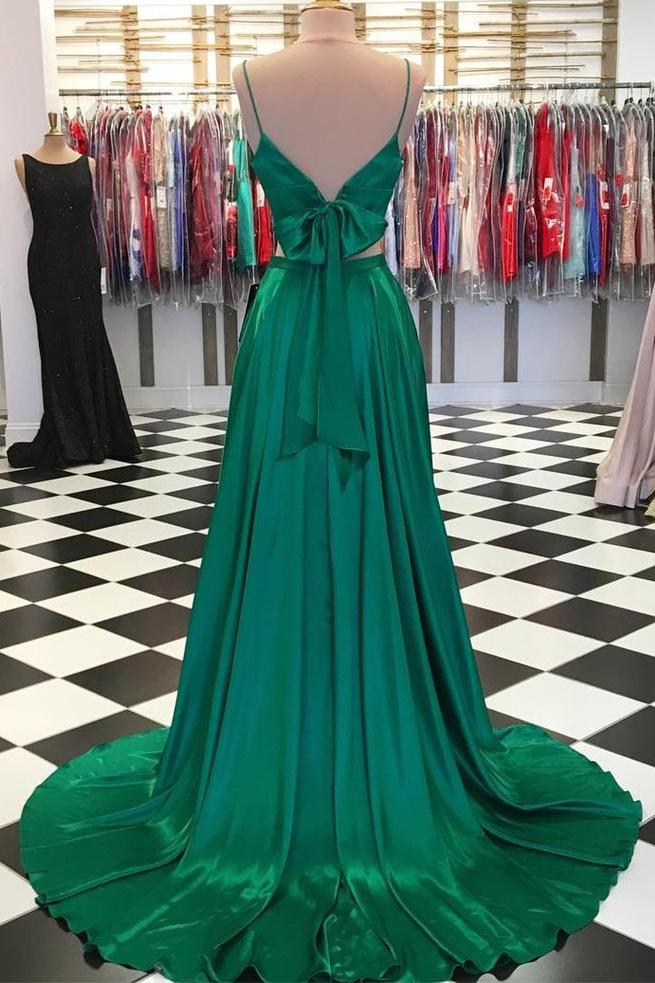 a line spaghetti straps green prom dress two piece with bowknot back gown