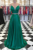 a line spaghetti straps green prom dress two piece with bowknot back gown