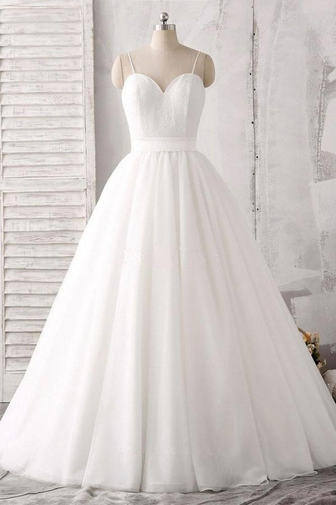 sweetheart floor length wedding dress with spaghetti straps