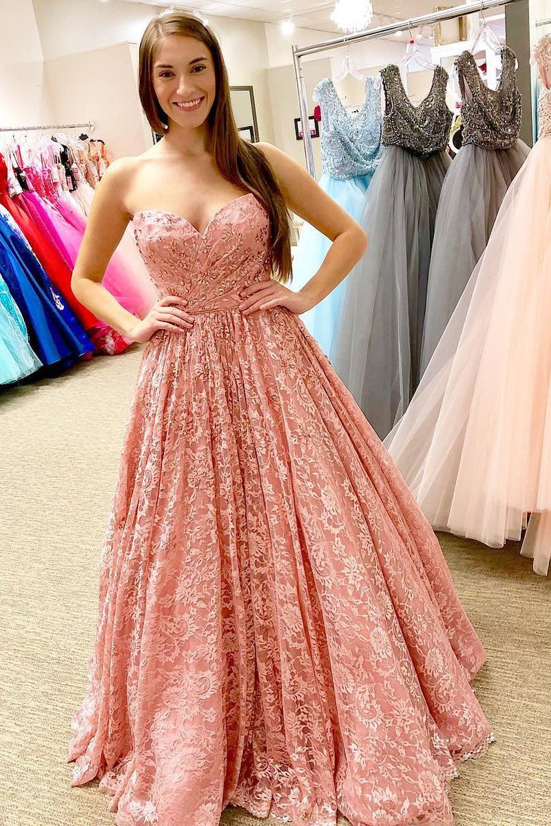 sweetheart lace coral long prom dress a line strapless pageant gown