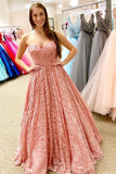 Sweetheart Lace Coral Long Prom Dress, A-line Strapless Pageant Gown MP733