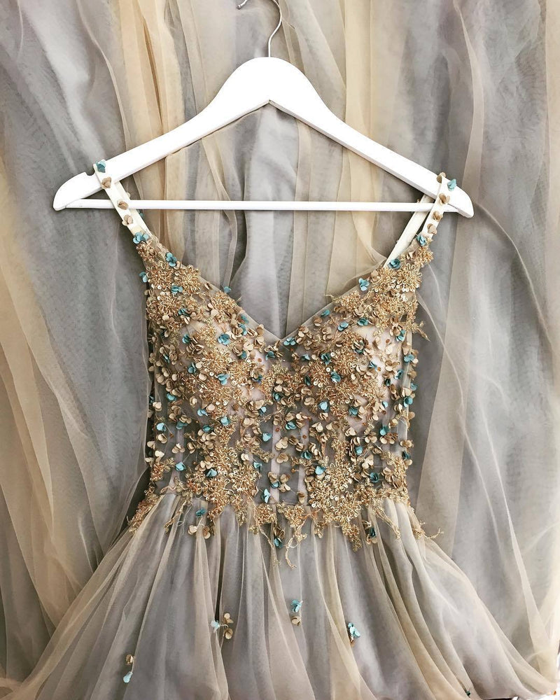 a line tulle appliques spaghetti straps long prom party dresses