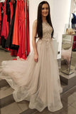 a line tulle scoop neck long prom dress with beading appliqued