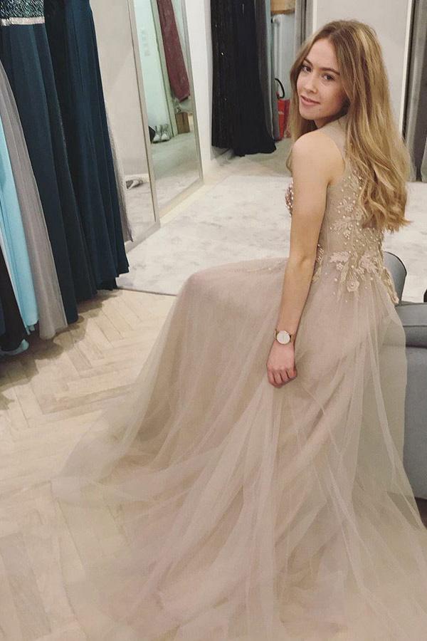 a line tulle scoop neck long prom dress with beading appliqued