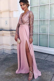 a line v neck long sleeves satin pink long prom dress with split