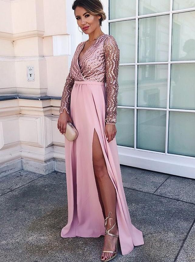 a line v neck long sleeves satin pink long prom dress with split