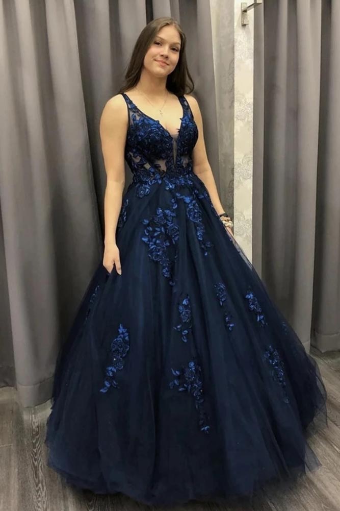 ball gown v neck dark blue long prom dress lace applique tulle formal dress