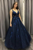 ball gown v neck dark blue long prom dress lace applique tulle formal dress