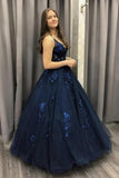 ball gown v neck dark blue long prom dress lace applique tulle formal dress