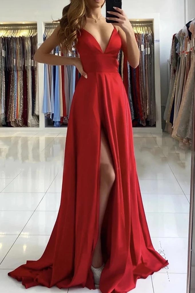 a line red simple prom dress backless red formal evening dress