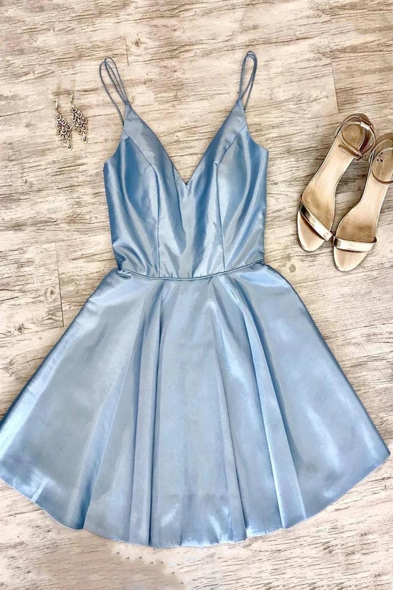 simple short light blue homecoming dress a line satin short graduation dress