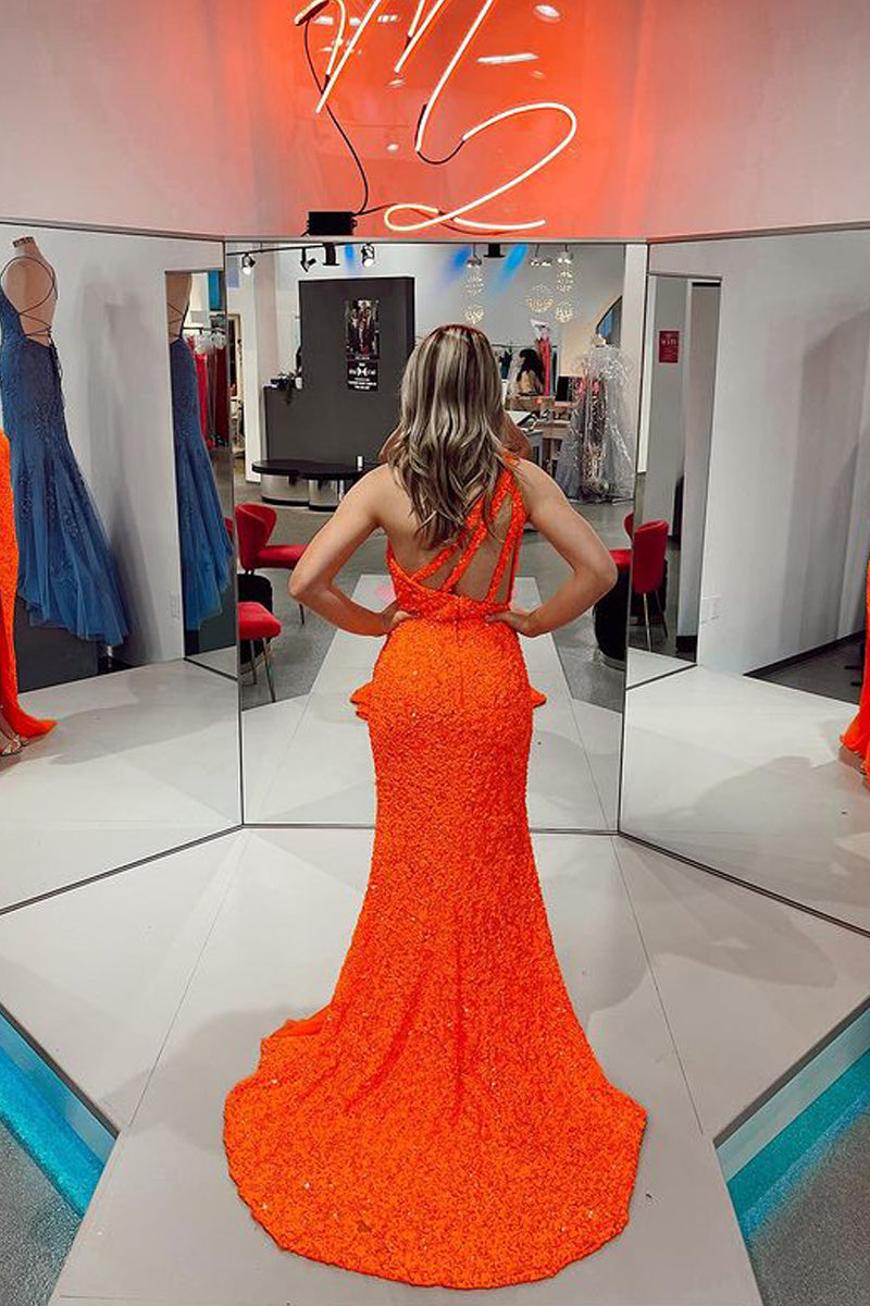 one shoulder orange sequins long prom dresses mermaid evening dress with slit