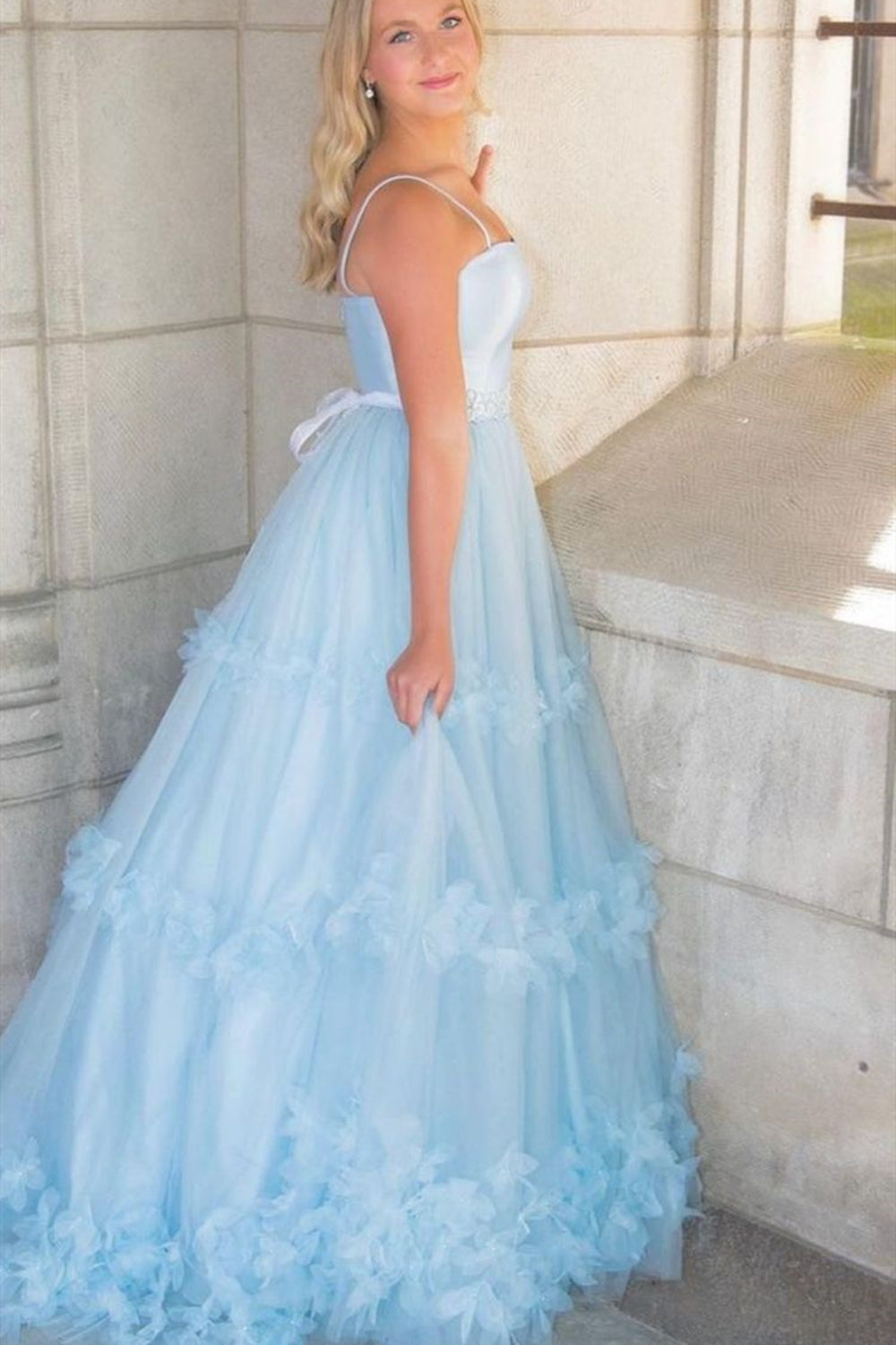 elegant a line light blue long prom dresses ruffles tulle formal evening dresses