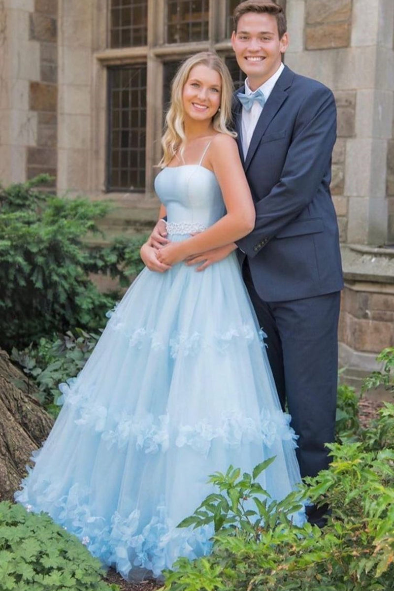 elegant a line light blue long prom dresses ruffles tulle formal evening dresses