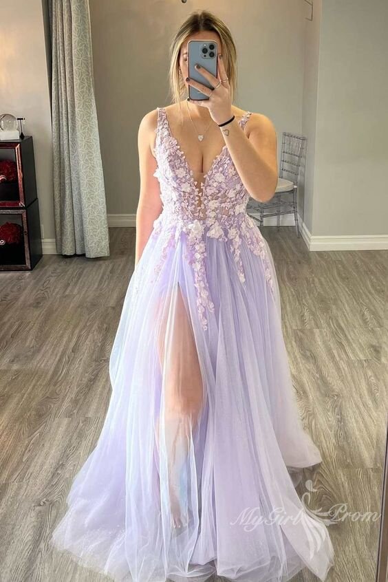 a line long v neck tulle prom dresses slit evening party dresses