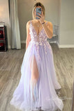 A Line Long V Neck Tulle Prom Dresses, Slit Evening Party Dresses GP457