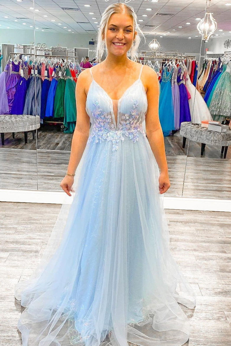 a line sky blue long prom dresses with appliques spaghetti straps evening dresses