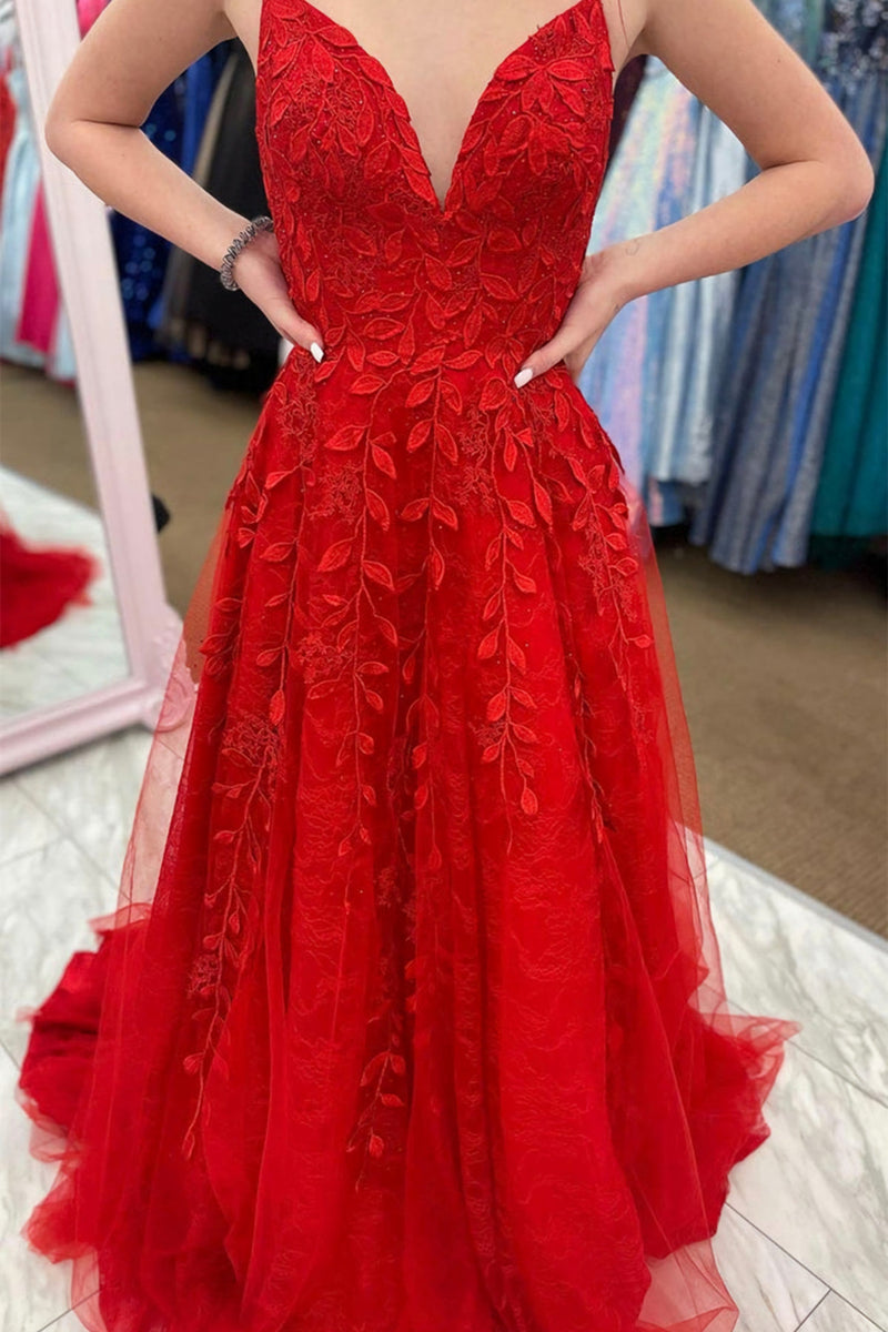 red tulle v neck backless lace a line prom dresses long formal dresses